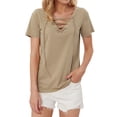thumbnail image 1 of Uhndy Women Sexy Lace Up V Neck Hollow Out Short Sleeve Summer Casual Plus Size T-shirt For Women Clothing Khaki S, 1 of 6