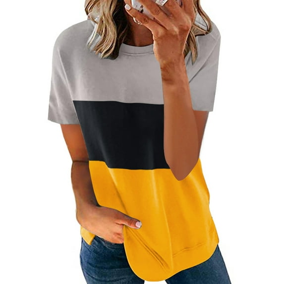 Uhndy Women Short Sleeve Color Block Crew Neck Tunic Tops Casual Loose Shirt Pullovers Tee Shirts Blouse
