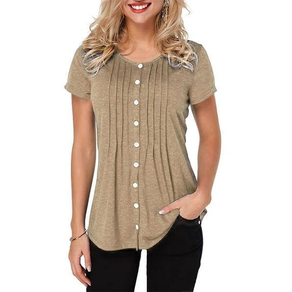 Uhndy Women Short Sleeve Henley Shirts Button Down Tops Blouses Round Neck Pleated T Shirts Ladies Solid Color Summer T-shirt Tunic
