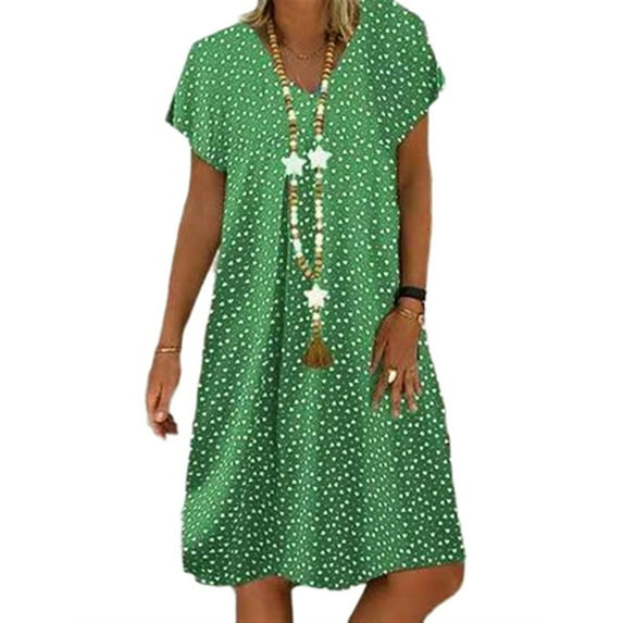 Uhndy Women Short Sleeve Polka Dot Striped Summer Midi Dress Plus Size Casual Sundress Green 2XL