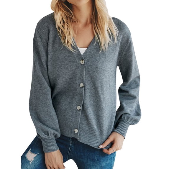 Uhndy Women Single-Breasted V Neck Long Sleeve Knitted Cardigan Tops Gray M