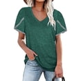 thumbnail image 1 of Uhndy Women Solid Color V-Neck Lace Petal Sleeve T-Shirt For Summer Fashion Splice Short Sleeve Loose Casual Pullover Green XXXL, 1 of 3