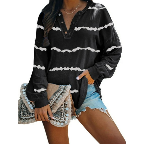 Uhndy Women Stripe Long Sleeve Work Shirt Blouse Top Casual Tunic T Shirt-LQ