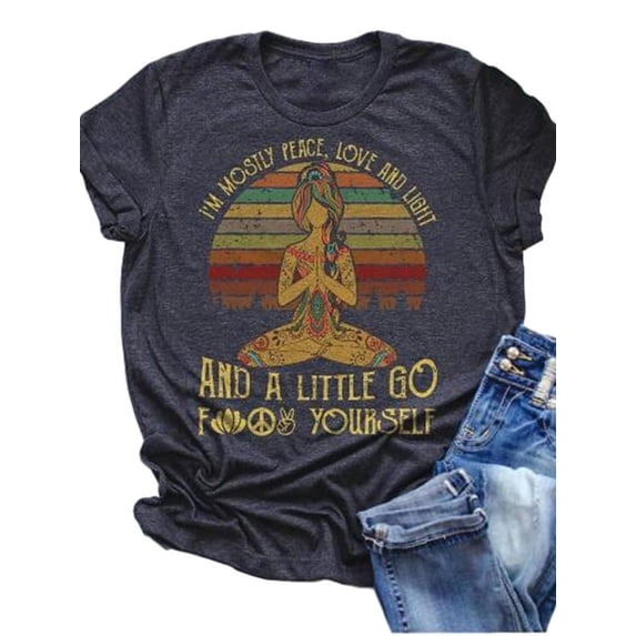 Uhndy Women Summer Fashion Comfy High-quality Graphic Short Sleeve T-shirt Casual Cotton Print Bohemian Tee Shirt Yoga Top Black XL