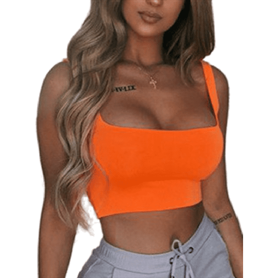 Uhndy Women Summer Sexy Slim Sleeveless Tanks Tops Midriff Vest Crop Tops Short Solid Slash Neck Women Sports Tank Tops Orange XL