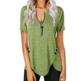 thumbnail image 1 of Uhndy Women Summer Solid Short Sleeve Zipper V-Neck T-Shirt Casaul Loose Fit Blouse Tee Tops Plus Size Green L, 1 of 2