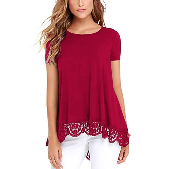 Uhndy Women Summer Top Short Sleeve Lace Trim O-Neck A-Line Tunic Basic Tee Blouse Shirts Red XL