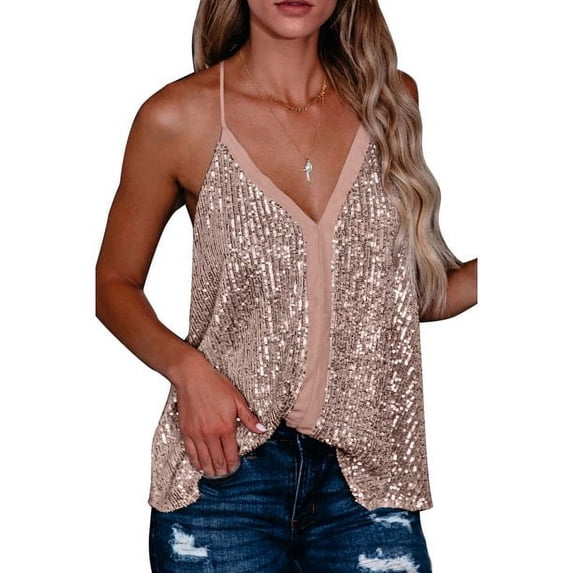Uhndy Women Tank Tops V Neck Strappy Sequin Camisoles Casual Sleeveless Shirts Pink L