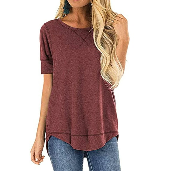 Uhndy Women Tunic Top Summer Irregular Hem Flower Print Shirt Short Sleeve Blouse Color Block Tee Shirts