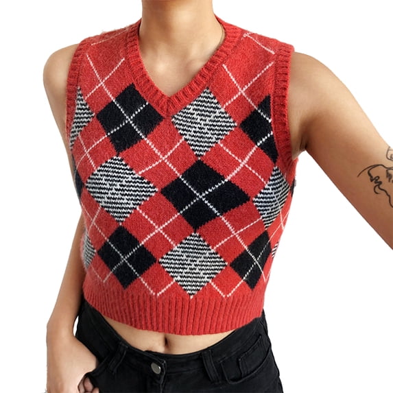 Uhndy Women V Neck Knit Sweater Vintage 90S Preppy Style Vest Argyle Knitwear Sleeveless Tank Top Streetwear-LQ