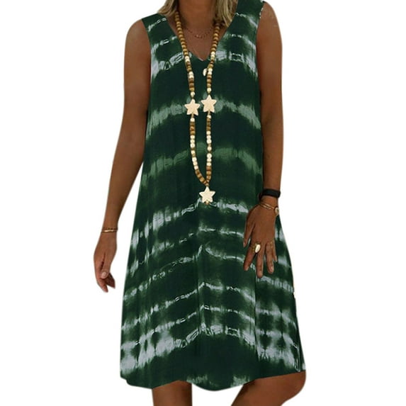 Uhndy Women V Neck Plus Size Loose Sundress Sleeveless Floral Casual Beach Midi Dress Green XXL