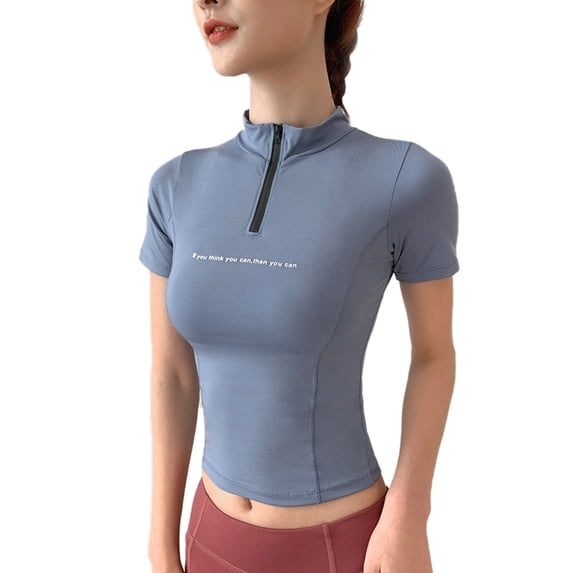 Uhndy Women Yoga Sport Gym Workout Compression Crop Tops Zip Short Tops Shirts Stand Collar Short Sleeve Blouse