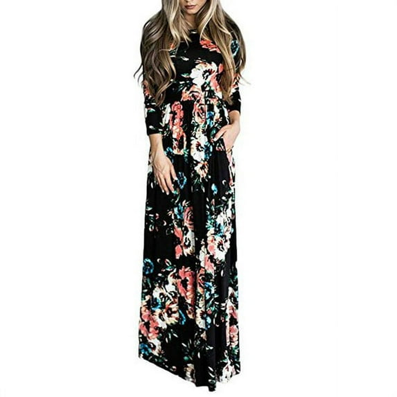 Uhndy Women's 3/4 Sleeve Floral Dress Casual Stretch Maxi Long Dresses Navy Blue L-LQ