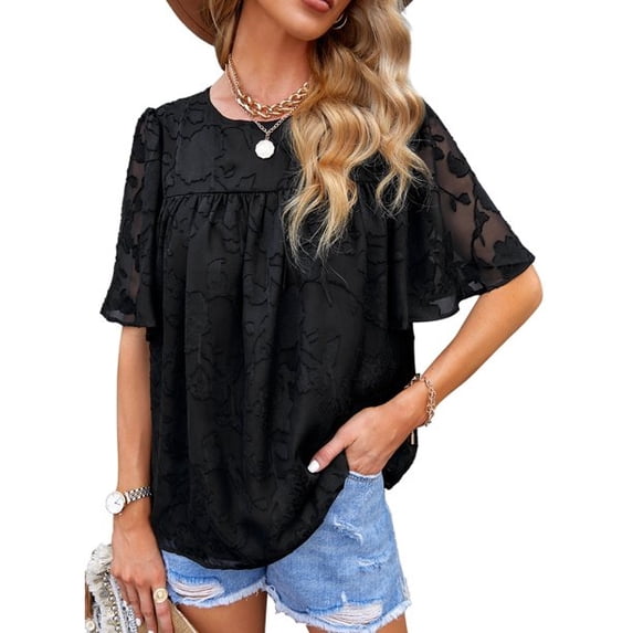 Uhndy Women's Blouses Crewneck Lace Bell Sleeve Shirts Elegant Casual Loose Summer Babydoll Shirt Tops Black XXL