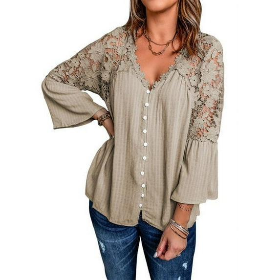 Uhndy Women's Blouses Lace Crochet V Neck Bell Sleeve Button Down Shirts Casual Loose Tops-LQ