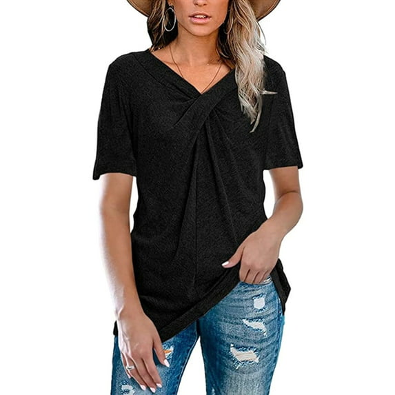 Uhndy Women's Casual Short Sleeve T-Shirt Summer Fashion Cross Knot V Neck Tops Basic Tunics Blouses