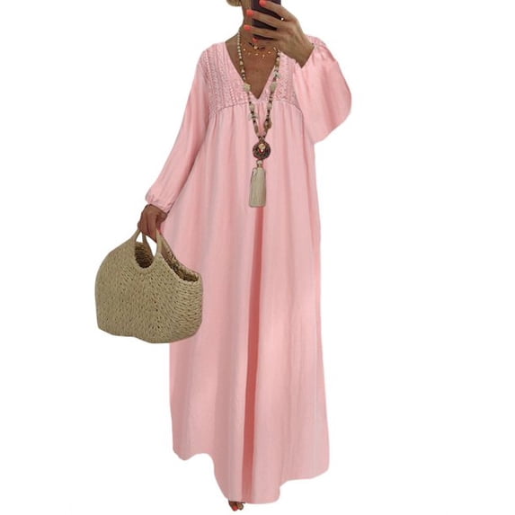 Uhndy Women's Casual V Neck Long Sleeve Solid Color Loose Lace Kaftan Dress, Women's Long Sleeve Loose Plus Size Dress