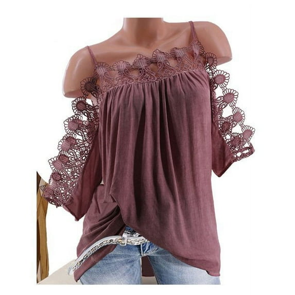 Uhndy Women's Cold Shoulder Plus Size Short Sleeve Loose Crochet Tunic Tops, Women's Off Shoulder Pleated Lace Collar Shirt, Solid Short Sleeve Blouse锛孲-5XL