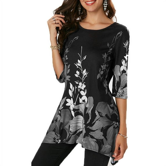 Uhndy Women's Fashion Half Sleeve Floral Printed Women Blouse Casual Top-LQ