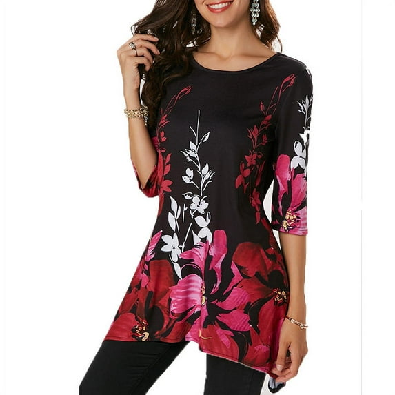 Uhndy Women's Fashion Half Sleeve Floral Printed Women Blouse Casual Top