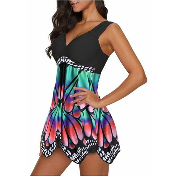 Uhndy Women's Fashion Plus Size Butterfly Print Tunic Tankini Swimwear Swimdresses Black L