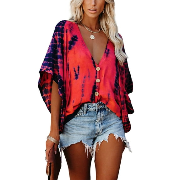 Uhndy Women's Fashion Tie Dye Batwing Sleeve Shirt Deep V Neck TopsShirt Fall Casual Loose Pullover Tee, Plus Size Blouse Red S