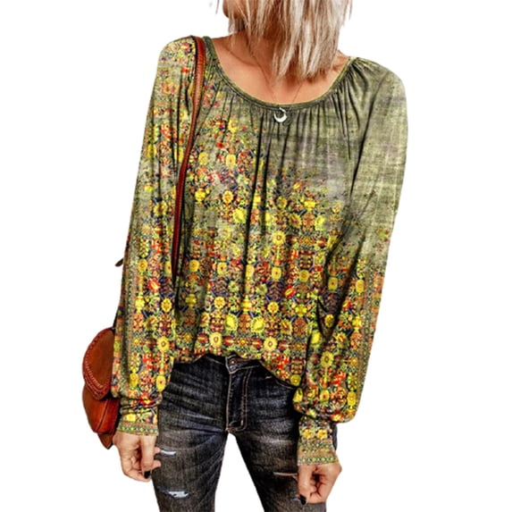 Uhndy Women's Floral Printed Blouses Long Sleeve Crew Neck T-Shirts Loose Baggy Casual Tops-LQ