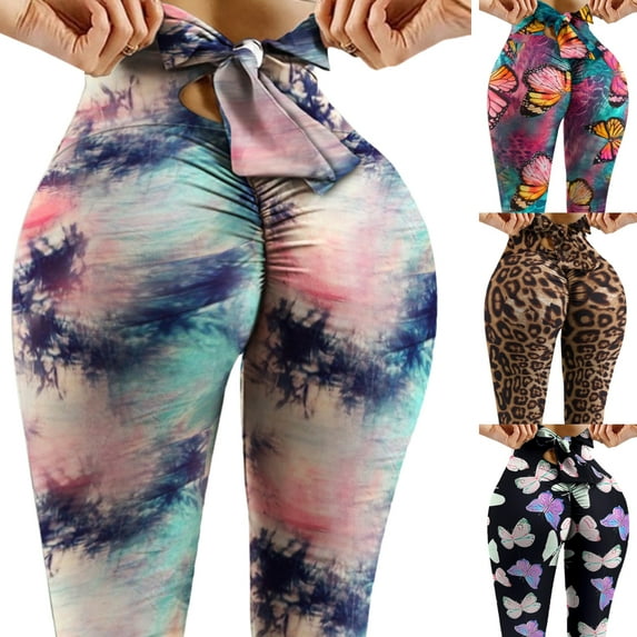 Uhndy Women's High Waisted Yoga Pant Tummy Control Legging Sexy Bow Tie Back Ruched Booty Workout Leggings