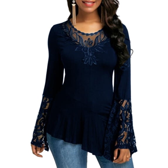 Uhndy Women's Lace Stitching Irregular T-Shirt Long Sleeve Round Neck Solid Color Blouse Loose Autumn Pullover Tops
