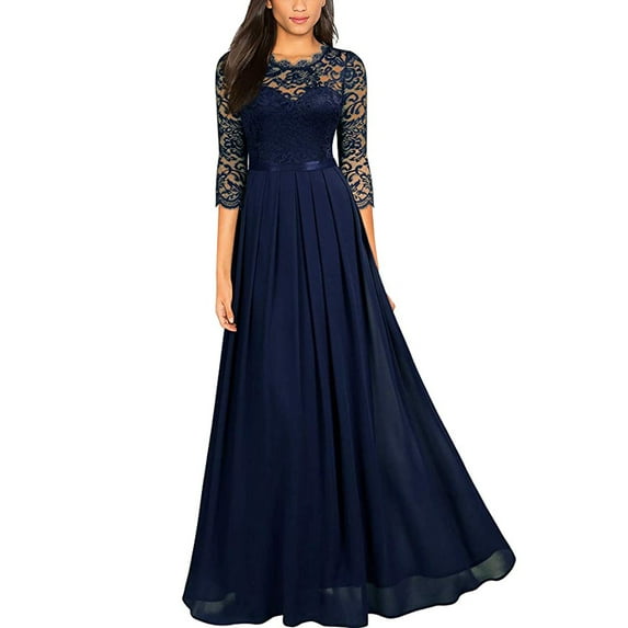 Uhndy Women's Long Chiffon Lace Evening Formal Party Ball Gown Prom Bridesmaid Dress Ladies Evening Party Chiffon Prom Gown 3/4 Sleeve Long Maxi Dress