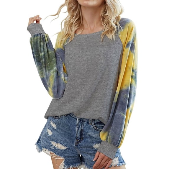 Uhndy Women's Long Sleeve Tie Dye Print Crewneck Raglan Tops-LQ