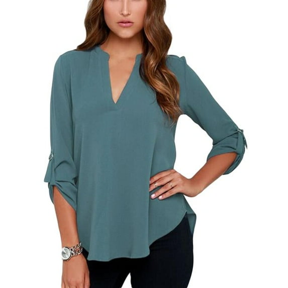 Uhndy Women's Long Sleeve Tops V Neck Office OL Work Blouse Casual