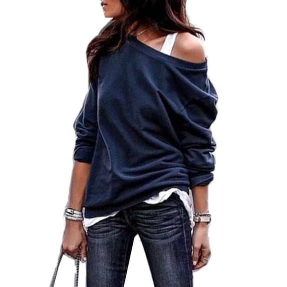 Uhndy Women's One Shoulder Long Sleeve Loose Casual Plain Sweatshirt-LQ