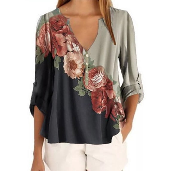 Uhndy Women's Open V-neck Shirt Long Sleeve Retro Top Two-color Splicing Floral Print Loose T-Shirt Top