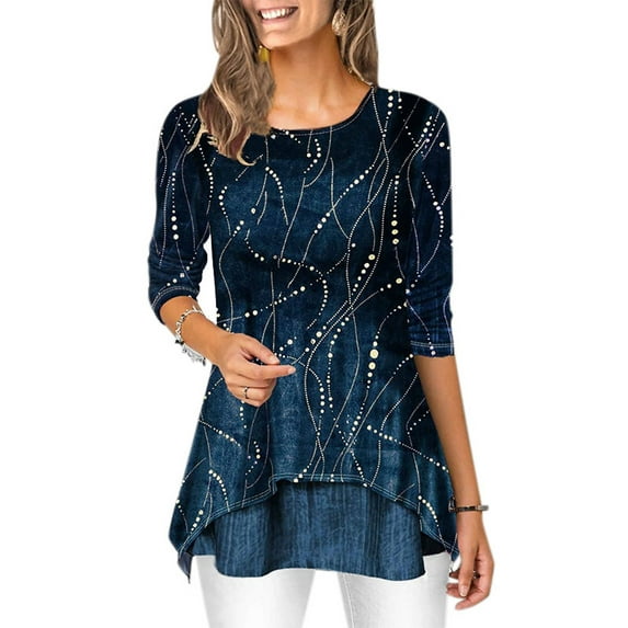 Uhndy Women's Plus Size Loose 3/4 Sleeves Irregular Casual Tunic Round Neck Work Tops Green XXXXXL