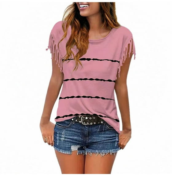 Uhndy Women's Short Sleeve Stripe T Shirts Loose Casual V Neck Tunic Casual Short Sleeve Shirts-LQ