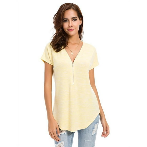 Uhndy Women's Short-Sleeved Solid Color Zipper Shirt-LQ