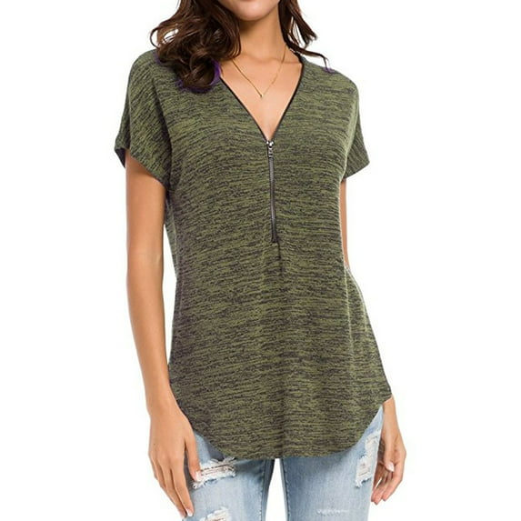 Uhndy Women's Short-Sleeved Solid Color Zipper Shirt