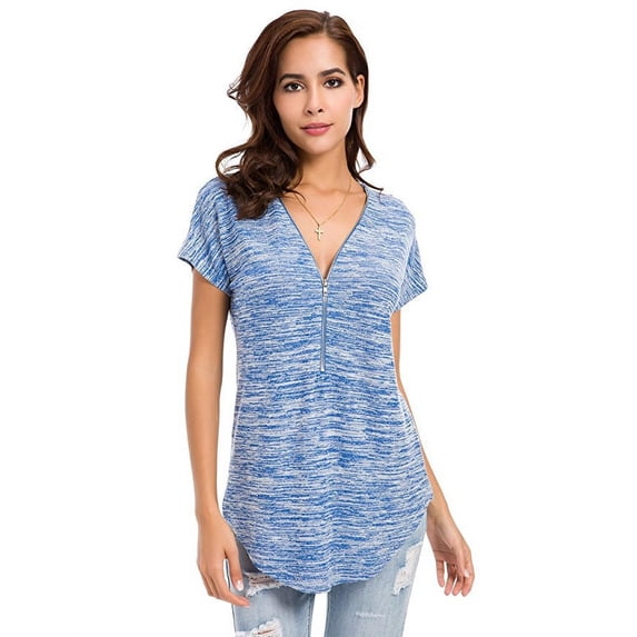 Uhndy Women's Short-Sleeved Solid Color Zipper Shirt