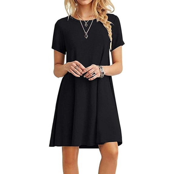 Uhndy Women's Summer Casual Dress Short Sleeves Crew Neck Knit T Shirt Swing Dress Black L-LQ