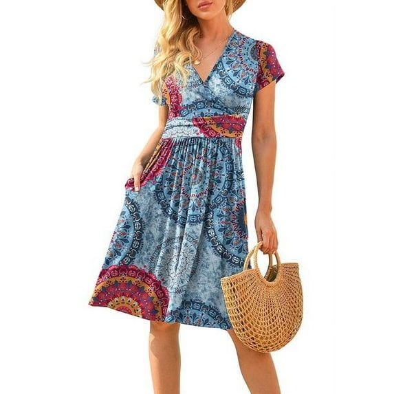 Uhndy Women's Summer Casual Short Sleeve V-Neck Short Party Dress with Pockets Mix Blue 2XL