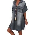 thumbnail image 1 of Uhndy Women's Summer Denim Short Sleeve Mini Dress V Neck Loose Beach Jeans Sundress gray 2XL, 1 of 2