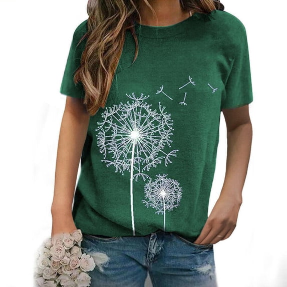 Uhndy Women's Summer Tops Casual Dandelion Printed Loose Blouses Tunic Tees Funny Graphic T-Shirts