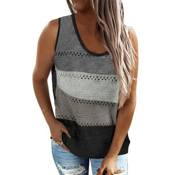 Uhndy Women's Tank Top Crew Neck Color Block Knit Camisole Loose Sleeveless Blouse Shirts Tops Black XXL