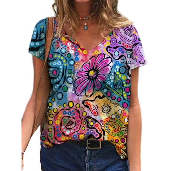 Uhndy Women's V Neck T-Shirts Short Sleeve Colorful Butterfly Tees Summer Loose Casual Tops Purple L