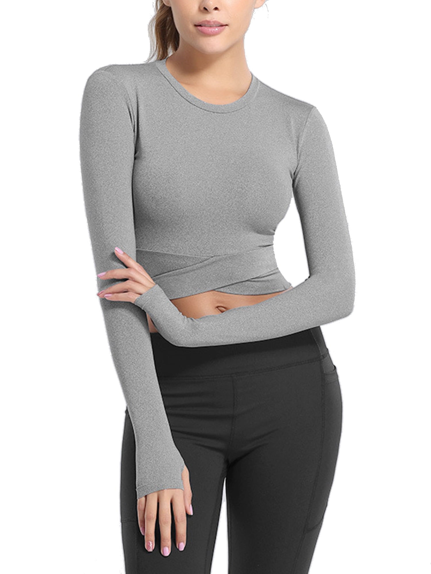 Uhndy Women's Workout Shirts Crop Top Workout Gym Exercise Clothes for  Girls Yoga Shirts with Thumb Holes Sexy Shirts Sportswear Athleticwear  Loungewear Long Sleeve Gray,XL 