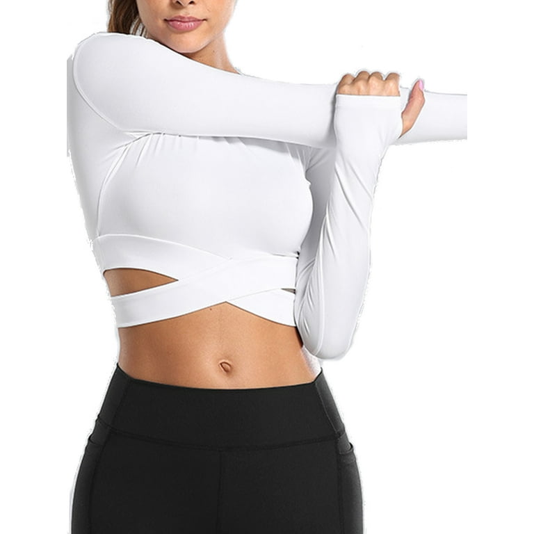 Uhndy Women's Workout Shirts Crop Top Workout Gym Exercise Clothes for  Girls Yoga Shirts with Thumb Holes Sexy Shirts Sportswear Athleticwear