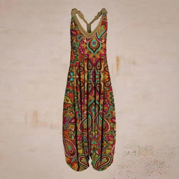 Uhndy Womens Boho Print Vintage Casual Jumpsuits Summer Sleeveless Spaghetti Straps Long Harem Pants Jumpsuit Rompers Overall
