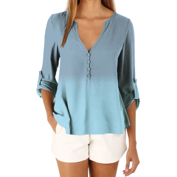 Uhndy Womens Button Chiffon Blouse Plus Size Gradient Print Loose Shirts V-Neck Adjustable Long Sleeve Pullover Blouses for Womens-LQ