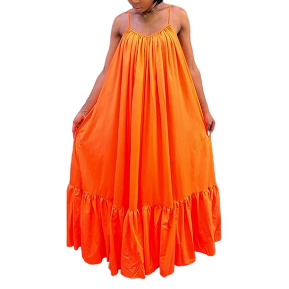 Uhndy Womens Casual Sexy Summer Ruffled Long Maxi Dresses Floor Length Sleeveless Plus Size Swing Sundresses Spaghetti Strap Boho Dresses-LQ